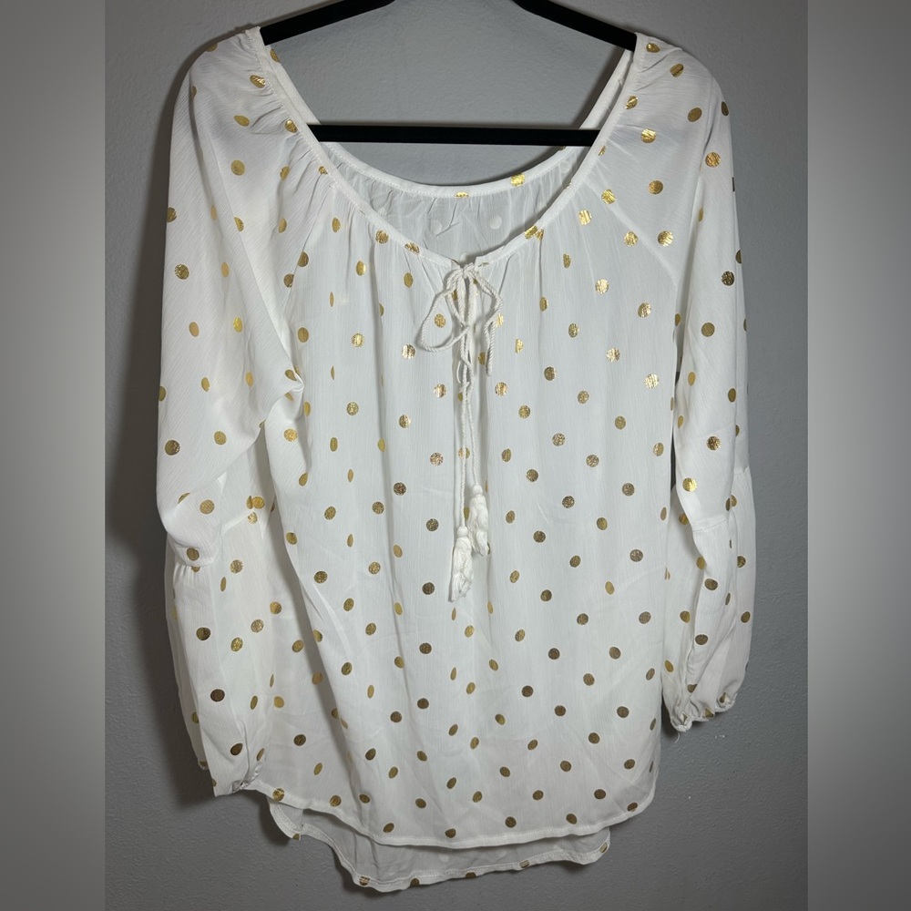 White and Gold Polka Dot Blouse w/ long sleeves and lightweight fabric size XXL